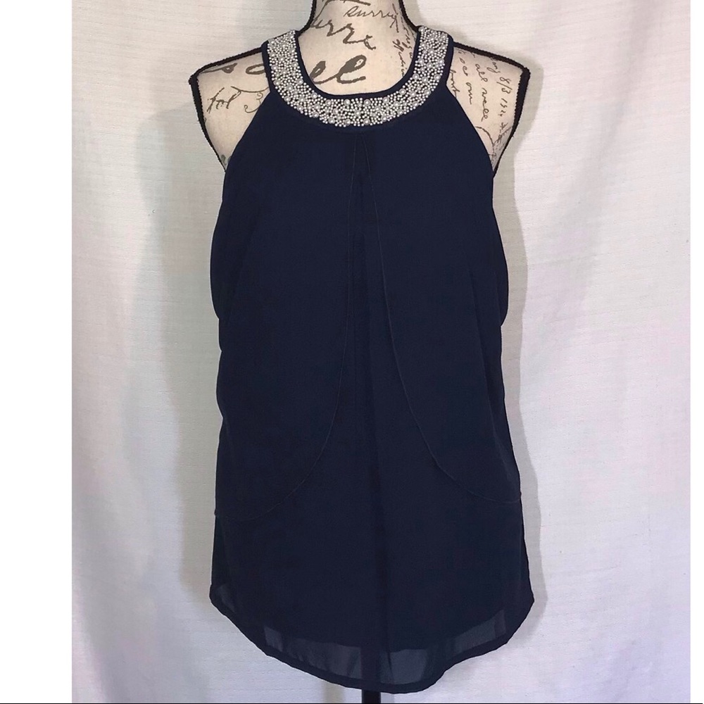 VENUS navy and pearl flowy blouse